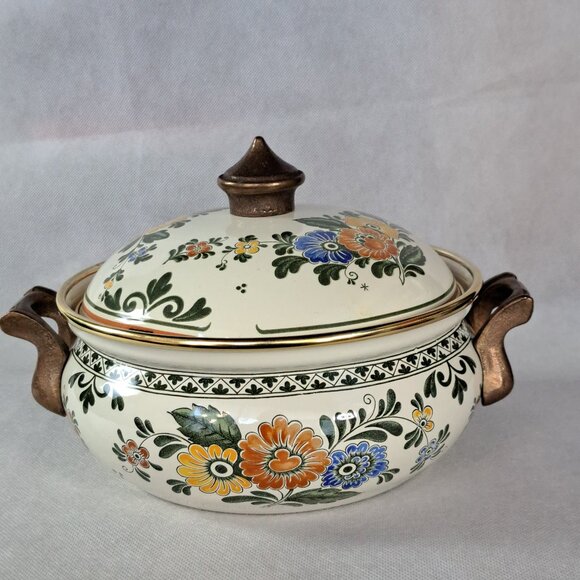 Vintage Asta Enamelware Floral Cookware With Brass Handles Germany with Lid . - Picture 7 of 11